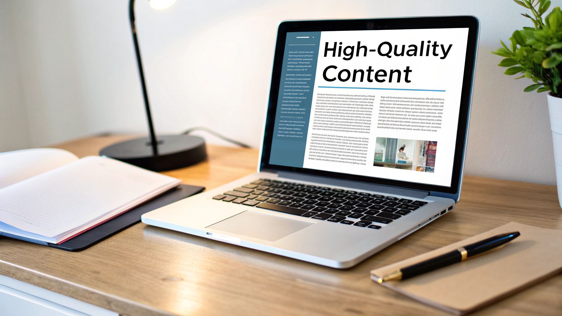 Laptop on a wooden desk displays "High-Quality Content" on its screen, with a notebook and pen.