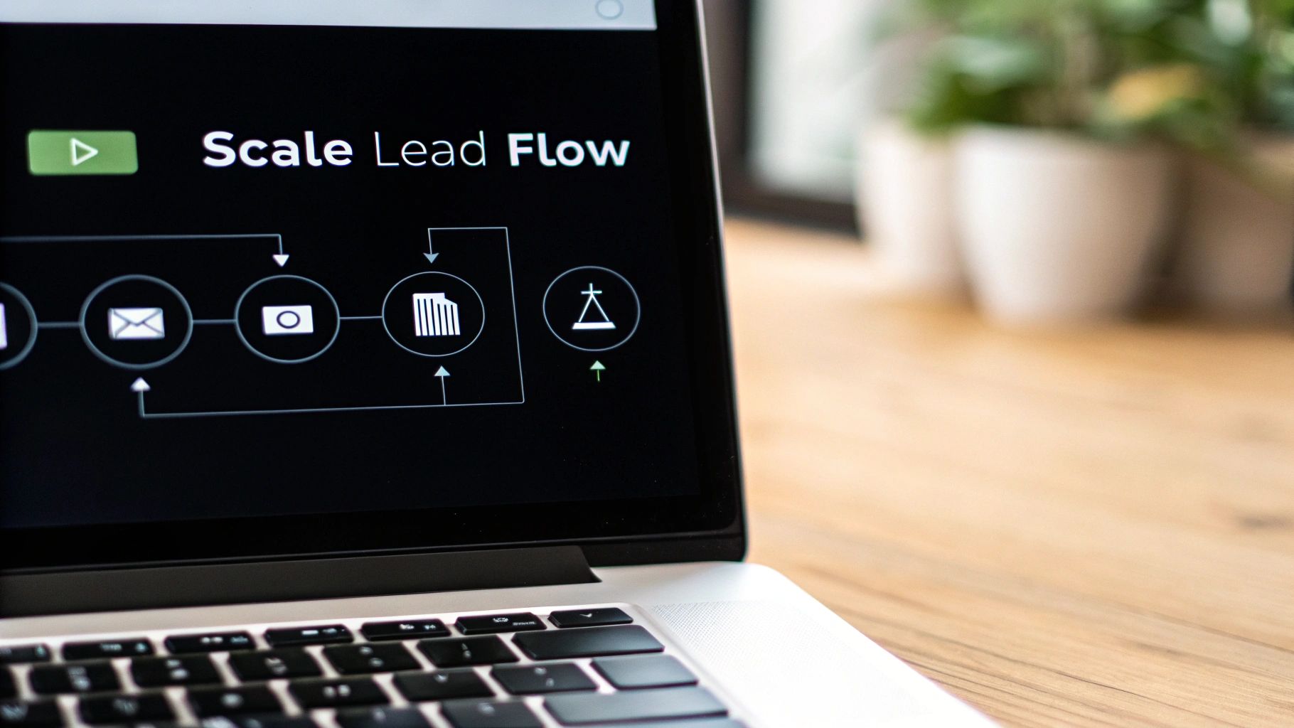 Laptop screen displaying scale lead flow diagram with email camera and conversion icons