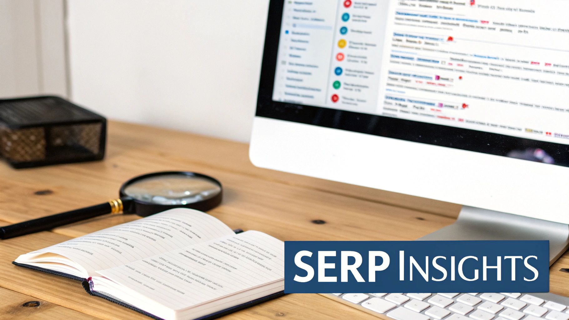 A desktop workspace with a monitor displaying search results, a magnifying glass, and an open notebook.