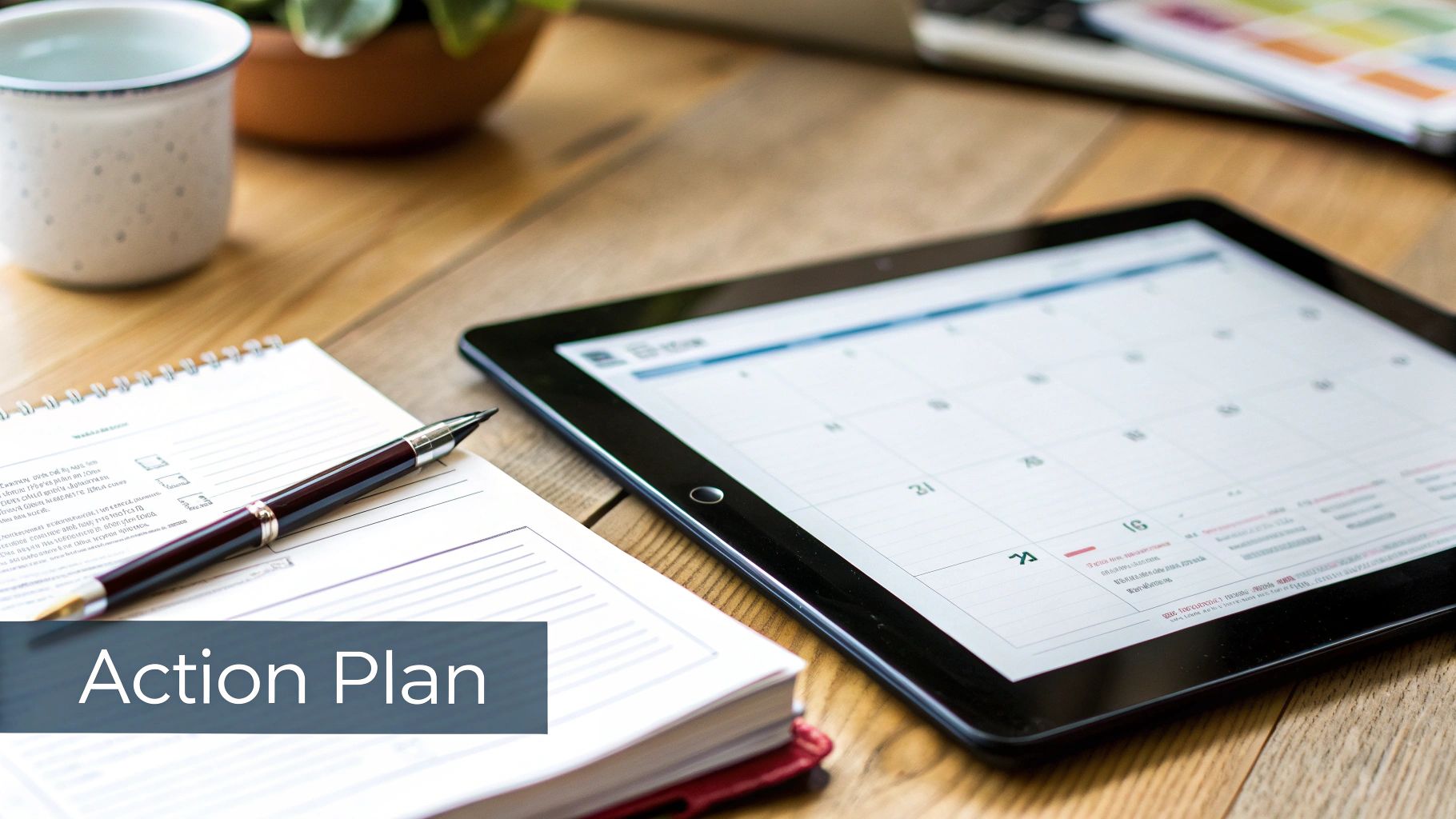 A flat lay of a desk with a notebook, pen, tablet showing a calendar, and a mug, suggesting an action plan.