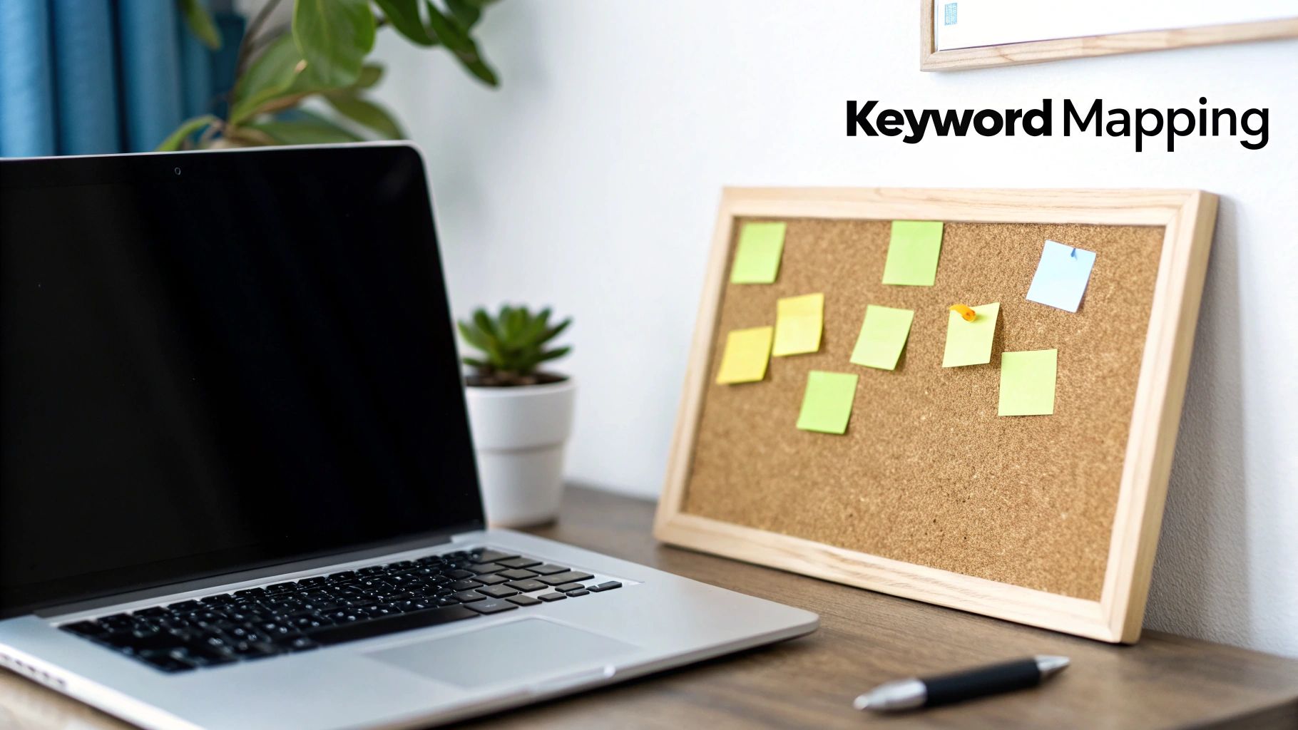 A laptop and a cork board with sticky notes on a desk, representing keyword mapping work.