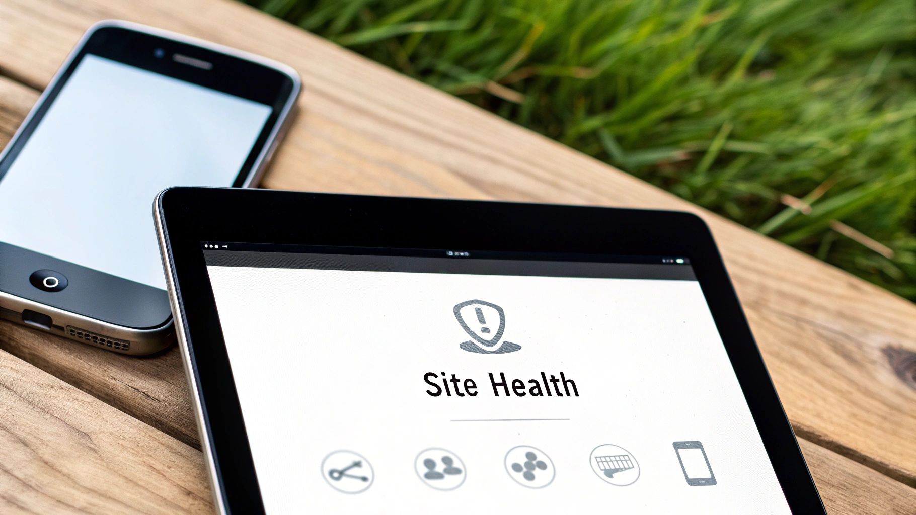 Tablet displaying site health dashboard with security shield icon and smartphone on wooden table