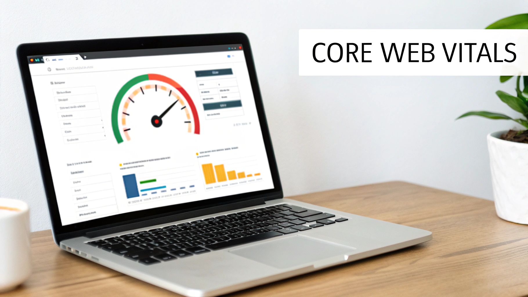 Laptop displaying a Core Web Vitals performance dashboard with a speedometer gauge and bar charts.