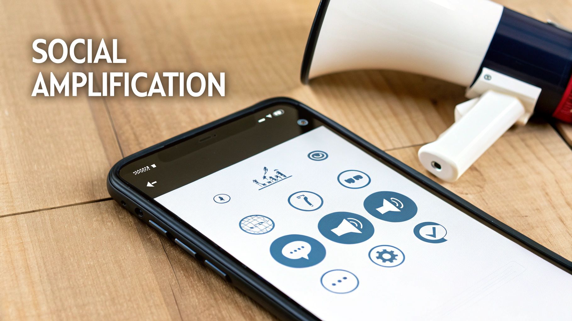 Smartphone with social media icons and a megaphone on wood, emphasizing social amplification.