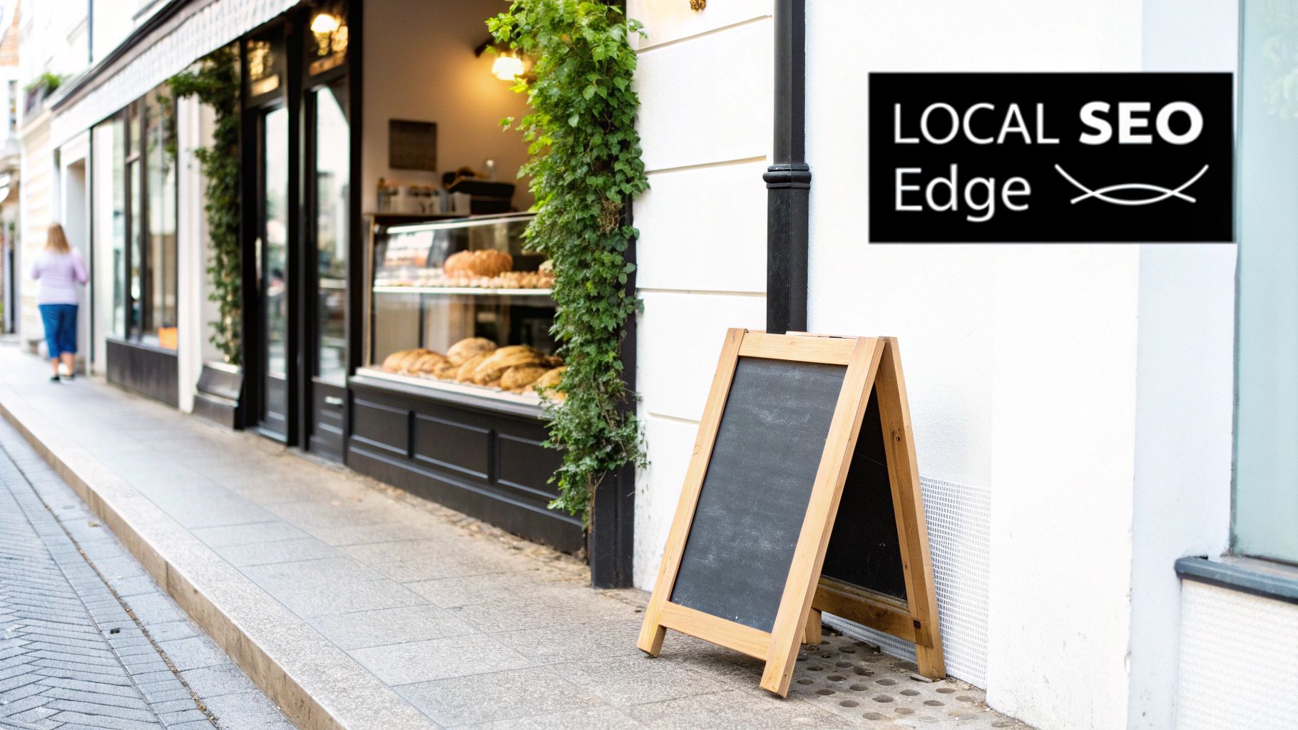 A bakery storefront with pastries, a green vine, a blank A-frame sign, and a Local SEO Edge logo.