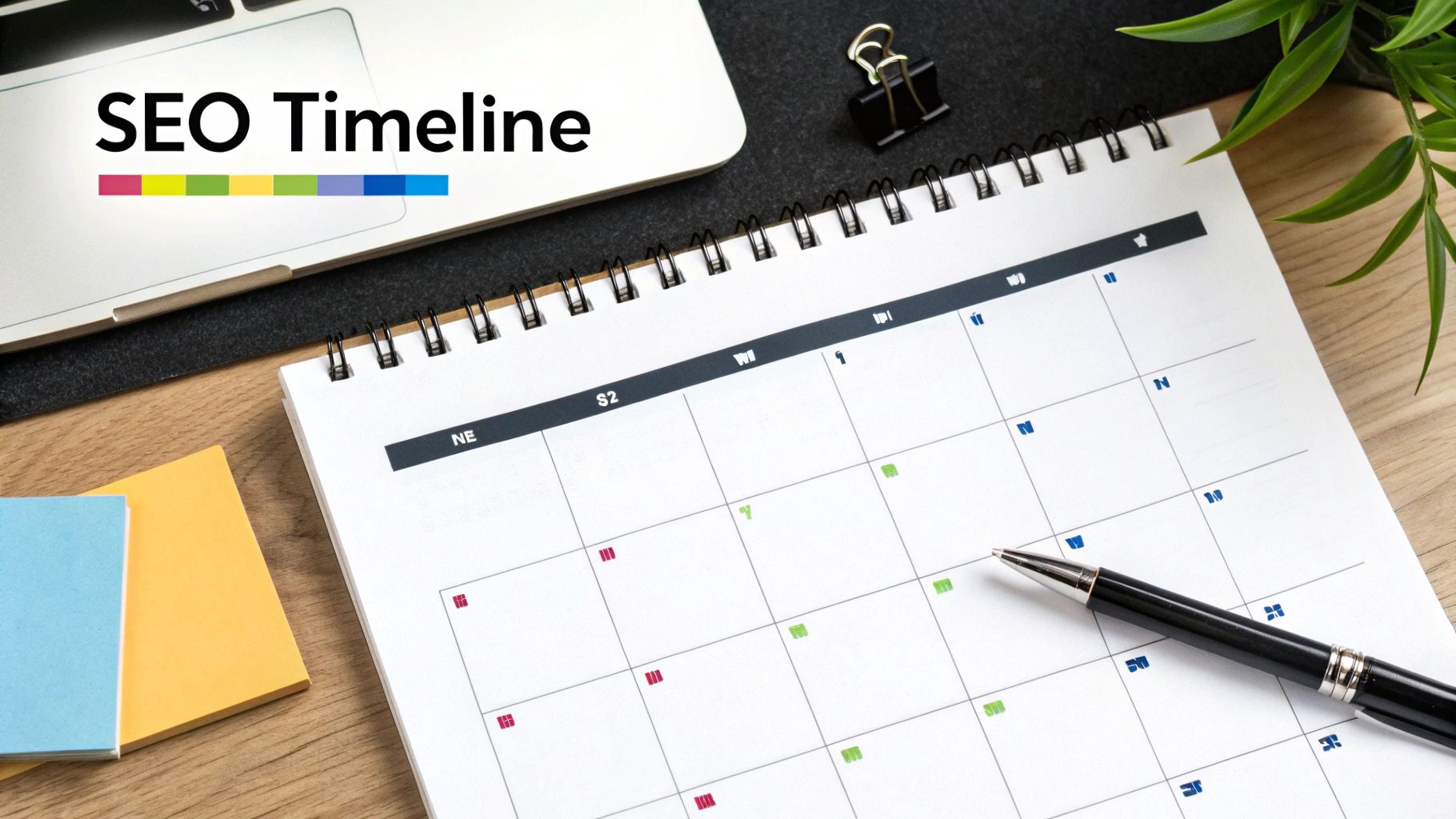 A desktop flat lay showing a calendar with 'SEO Timeline' text, a laptop, and a pen.