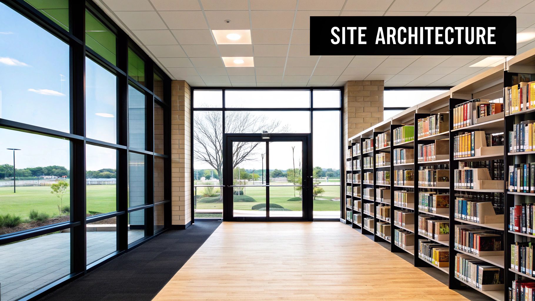 Modern building interior featuring a long hallway, large windows overlooking a green landscape, and extensive bookshelves.