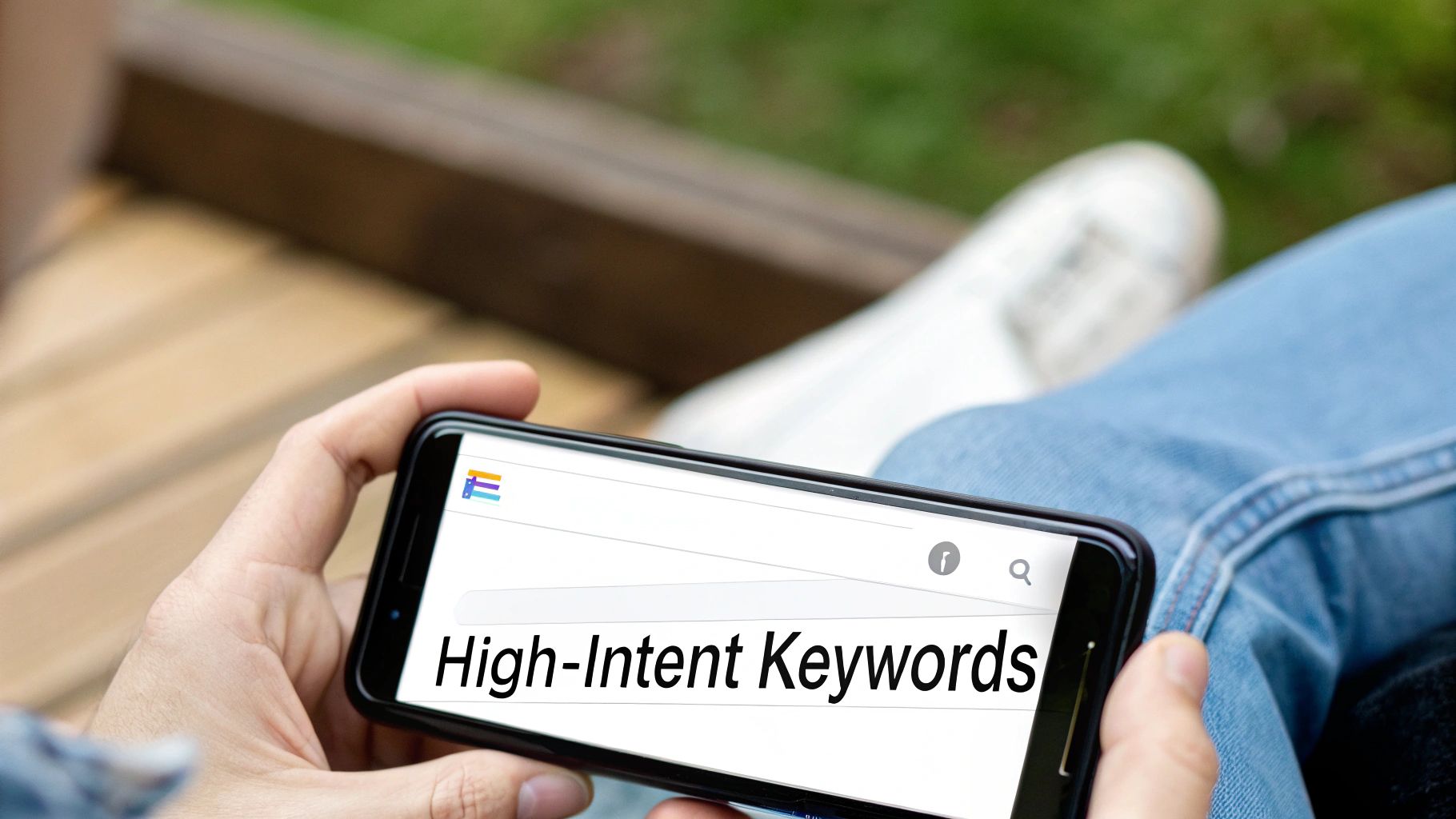 A person searches for "High-Intent Keywords" on a smartphone, sitting outdoors.