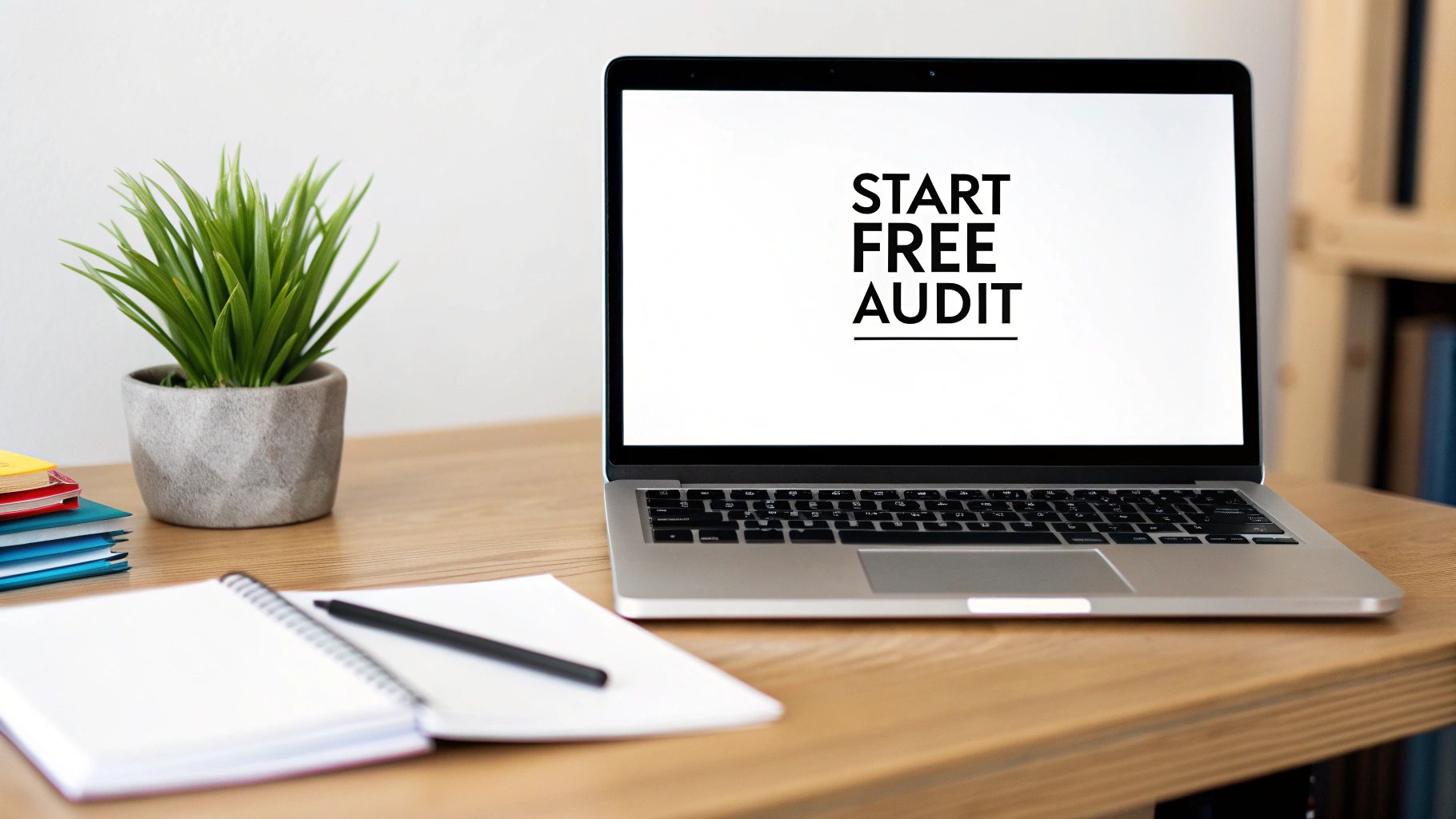 A laptop displaying 'START FREE AUDIT' on a desk with a plant and notebooks.