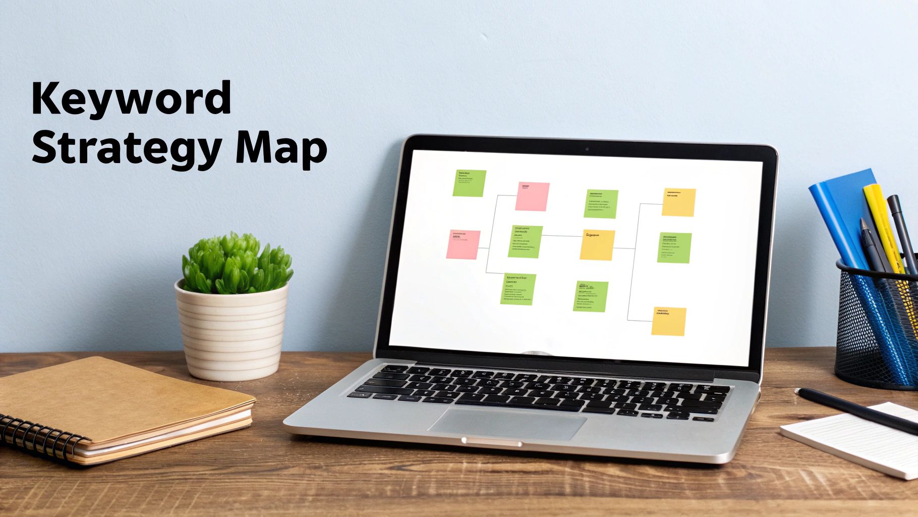 Laptop displaying a keyword strategy map with colorful notes on a wooden desk with a plant.