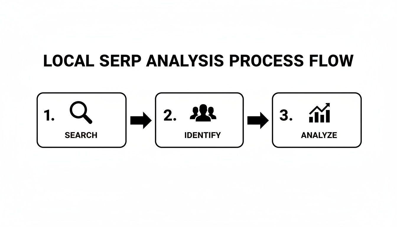 Flowchart illustrating the local SERP analysis process with steps: Search, Identify, and Analyze.