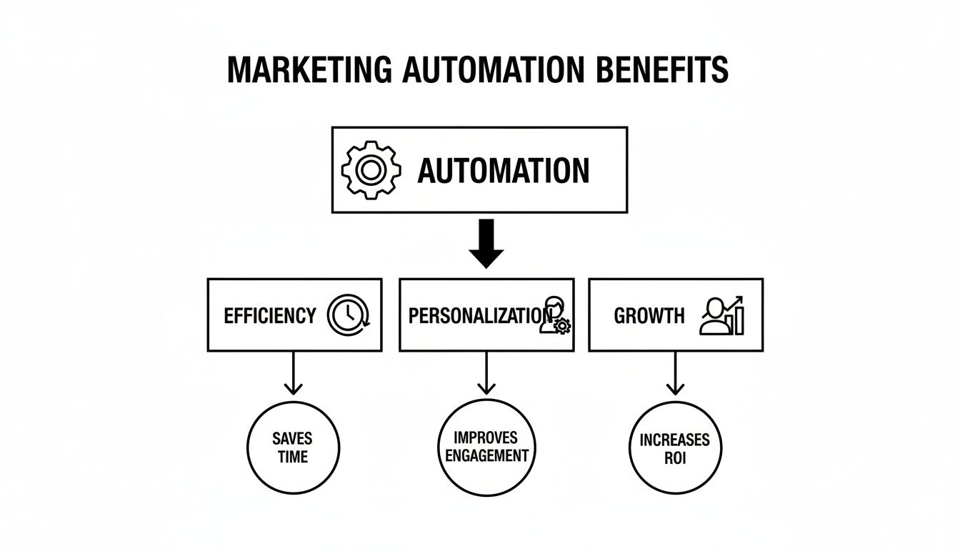 Flowchart detailing marketing automation benefits: efficiency, personalization, and growth for time savings, engagement, and ROI.