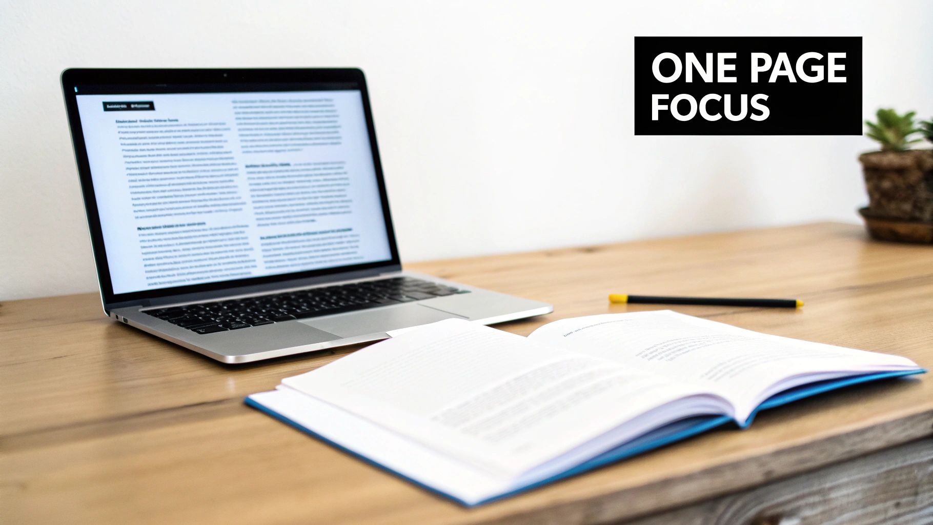 Laptop and open notebook on wooden desk with one page focus sign for productivity