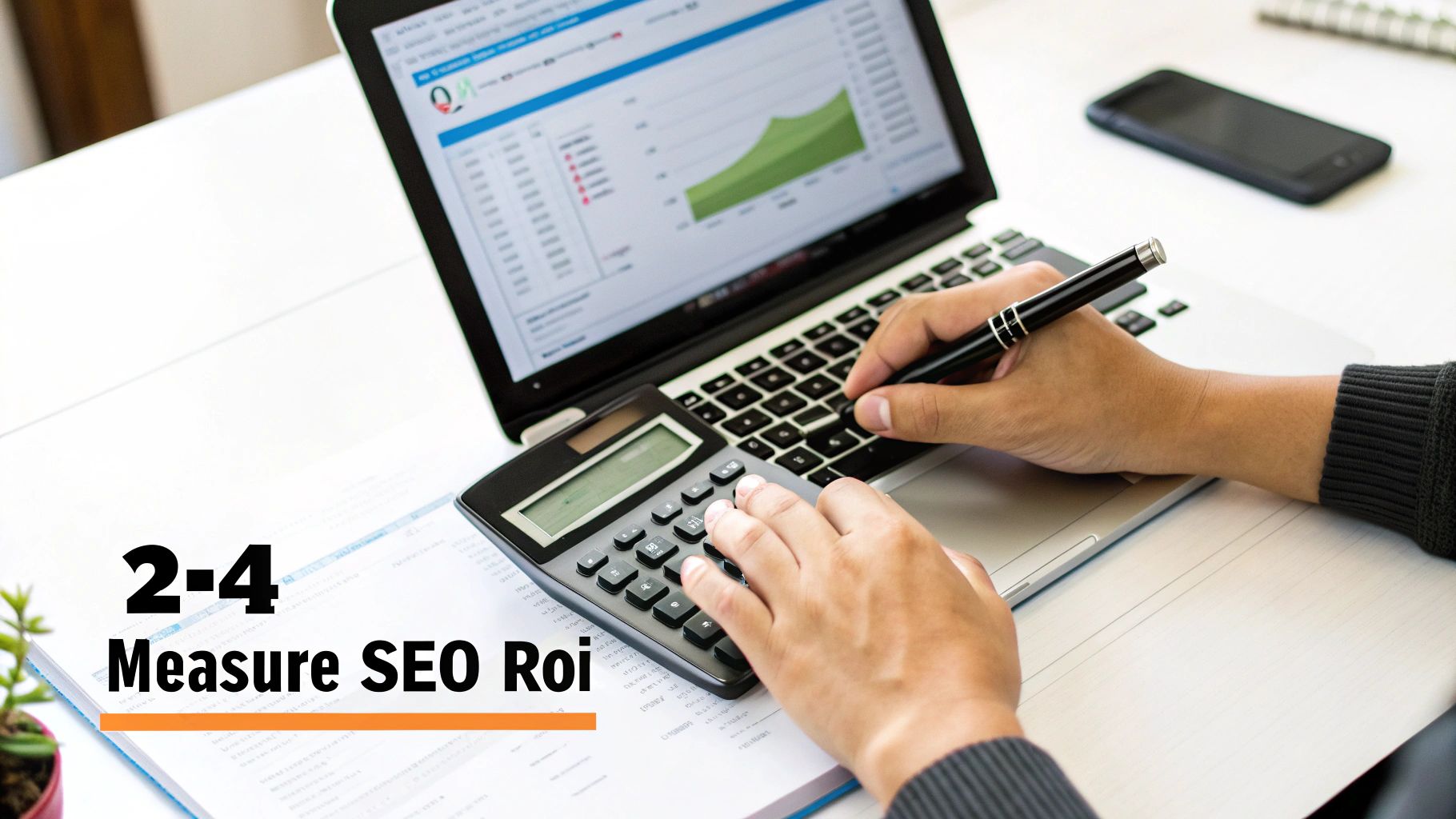 Person measuring SEO ROI using a calculator and laptop displaying performance graphs on a desk.