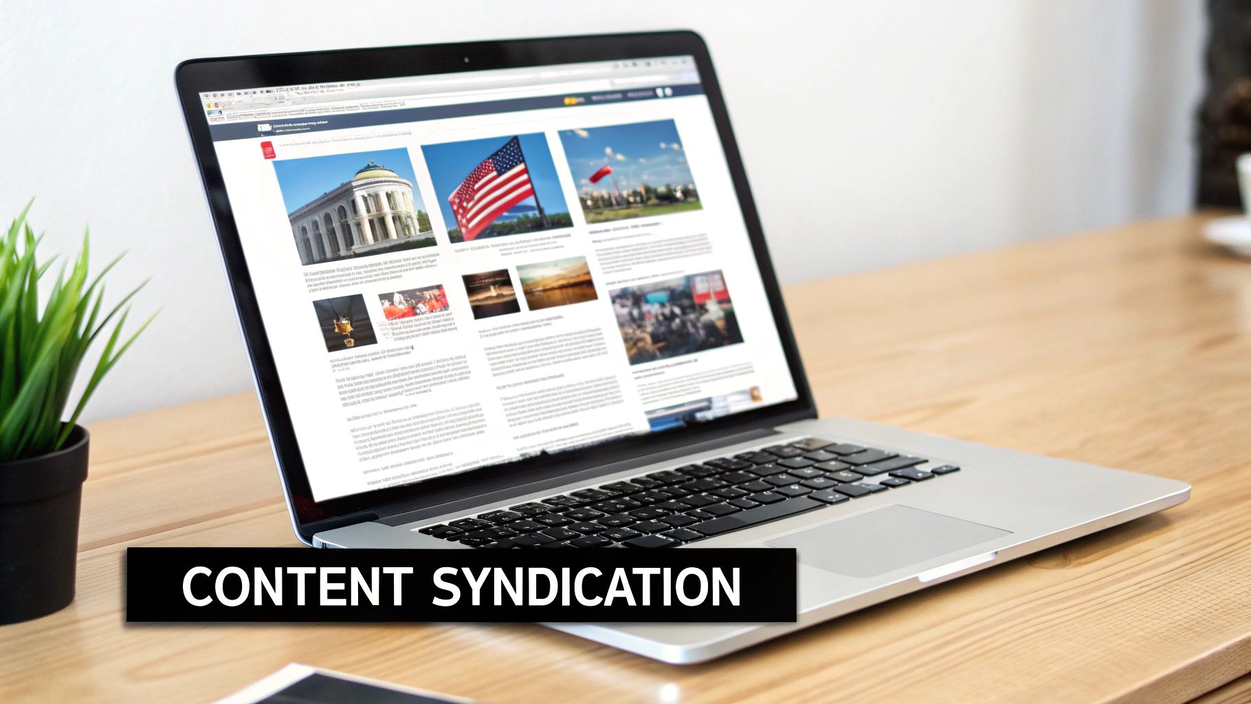 A laptop on a wooden desk displays a news website with articles and images. A prominent "CONTENT SYNDICATION" banner is at the bottom.