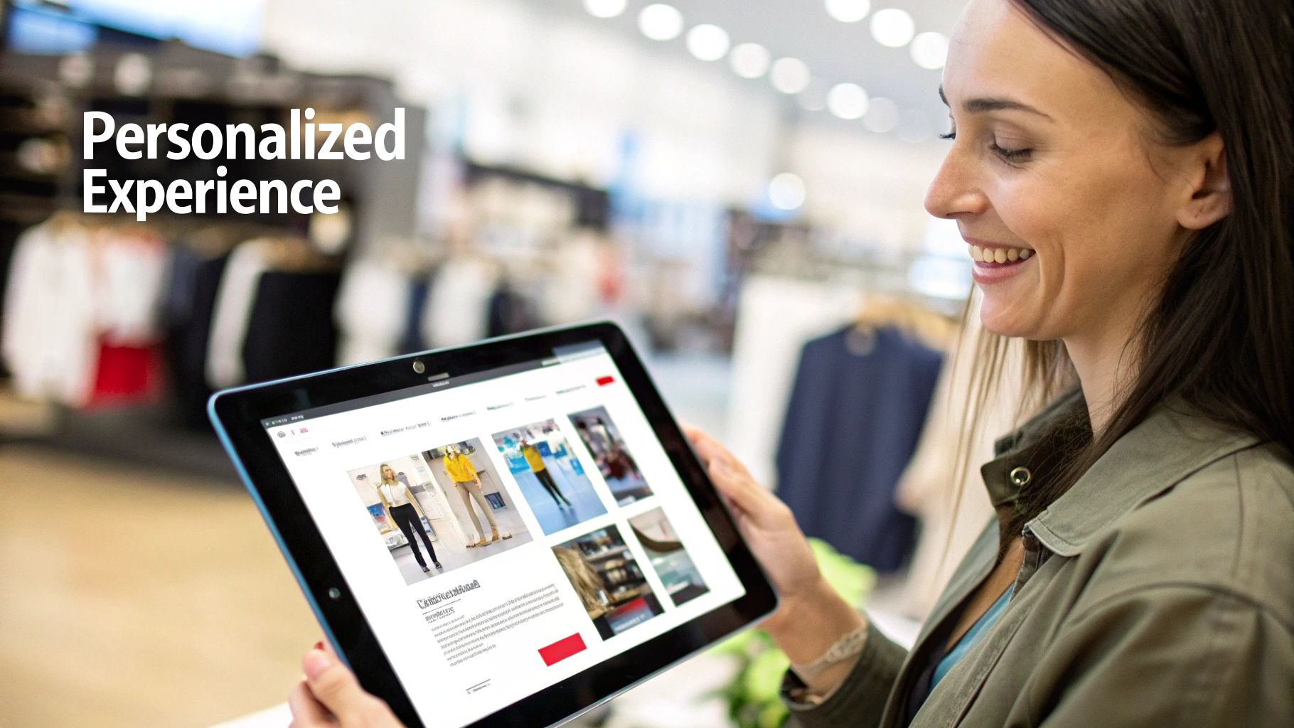 Smiling woman in a store uses a tablet to view personalized shopping recommendations.