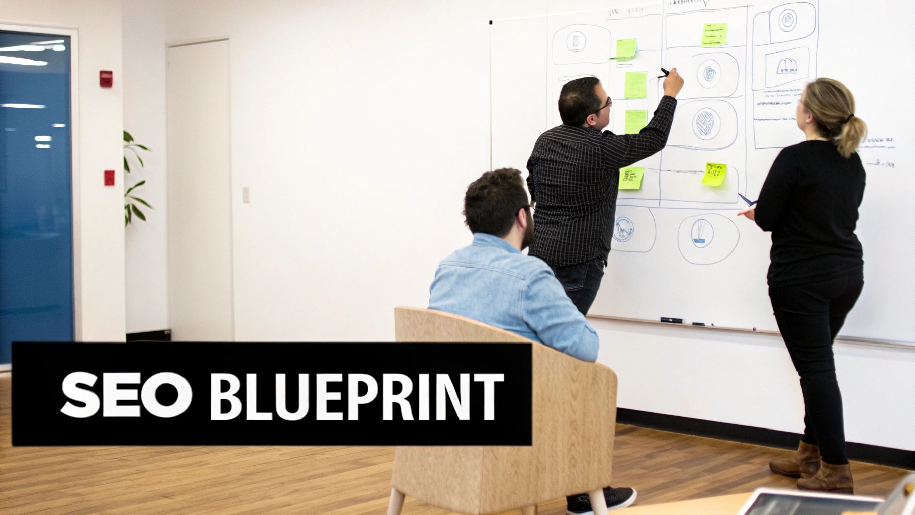 Three people in an office brainstorming on a whiteboard with sticky notes, working on an SEO blueprint.