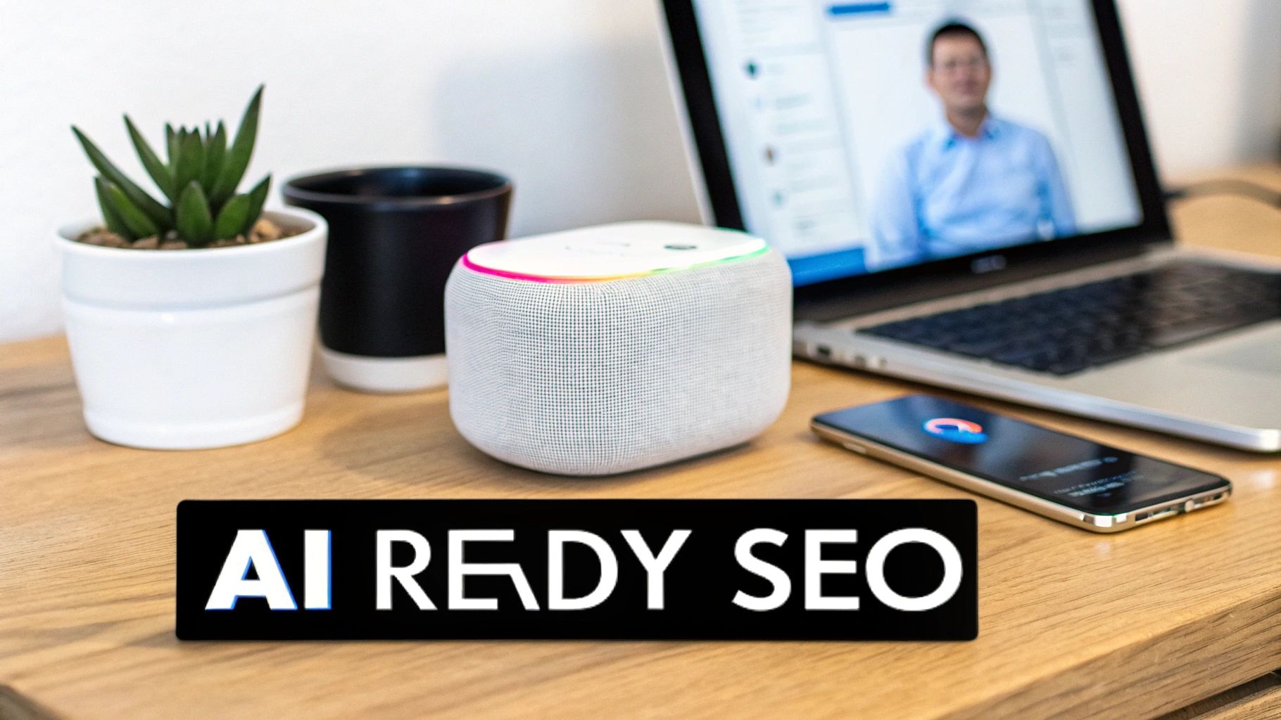 A desk setup featuring an AI READY SEO sign, a smart speaker, laptop, smartphone, and a plant.