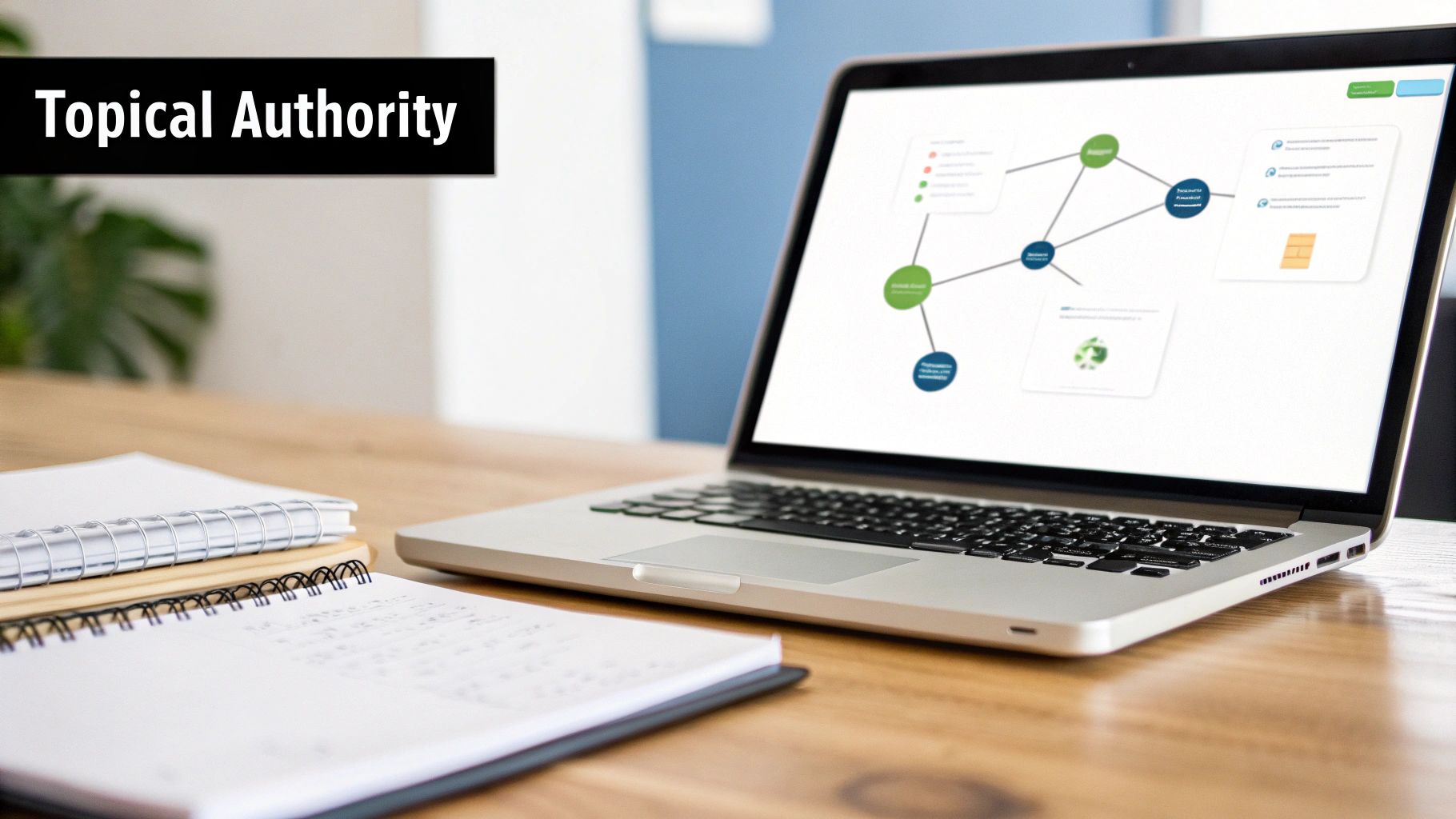 Laptop displaying a topical authority mind map with notebooks on a wooden desk.