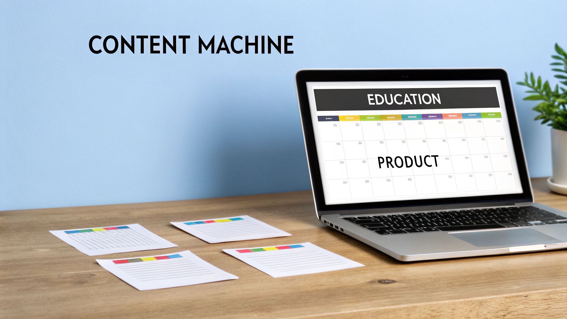 A laptop displays 'EDUCATION' and 'PRODUCT' on a calendar, with 'CONTENT MACHINE' on the wall.