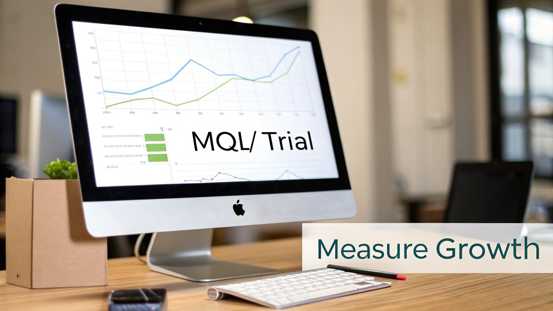 A desktop computer displays MQL/Trial data and growth charts on a wooden desk.