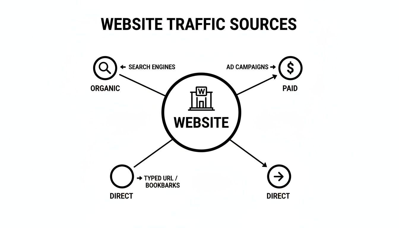 A diagram illustrating website traffic sources, including organic from search engines, paid from ad campaigns, and direct entries.