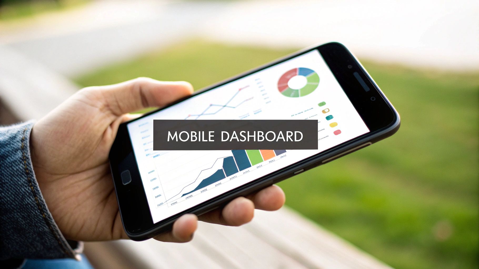 A hand holds a smartphone displaying a mobile dashboard with charts and graphs outdoors.