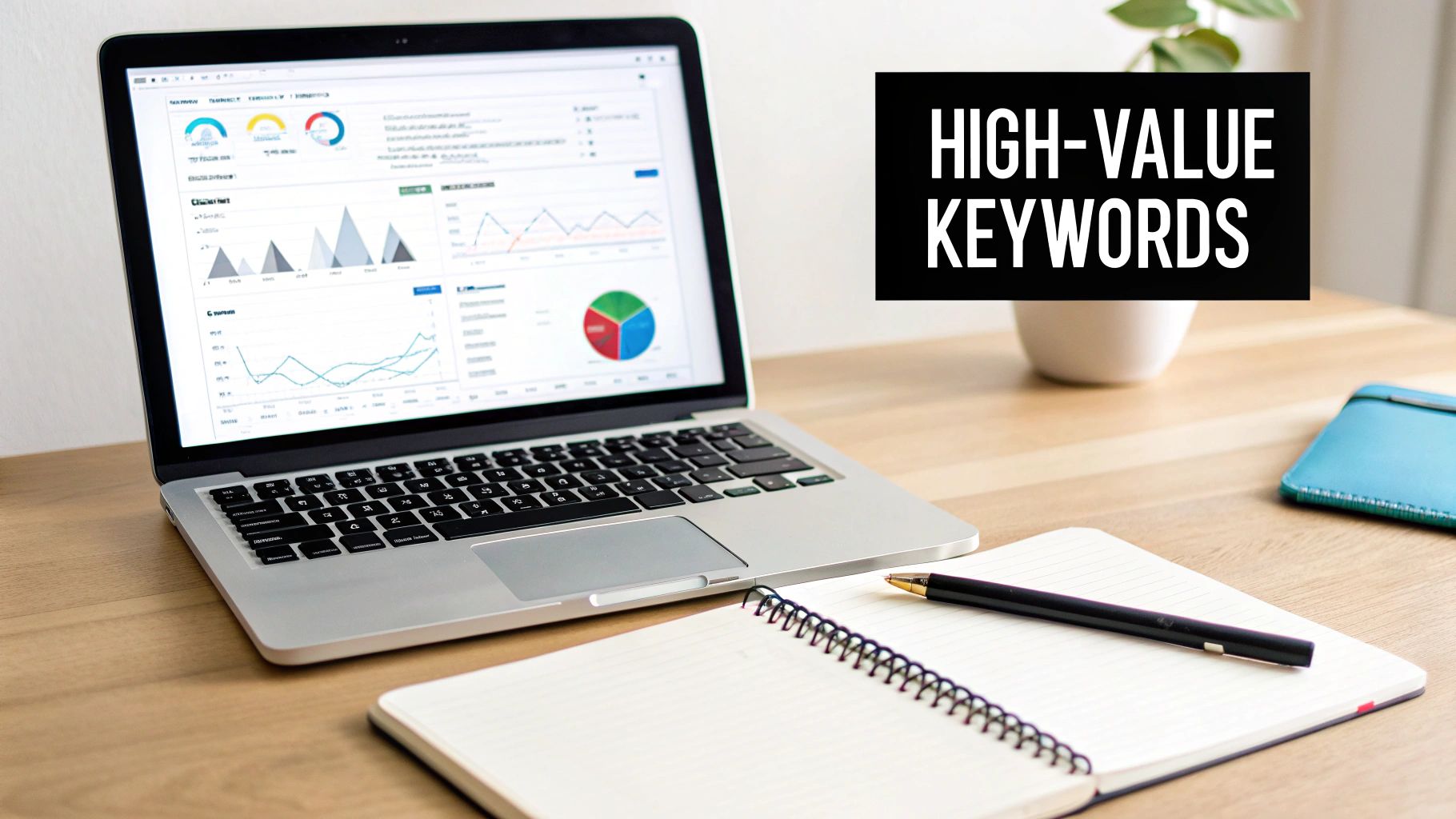 A desk with a laptop displaying analytics, an open notebook, and the text 'HIGH-VALUE KEYWORDS'.