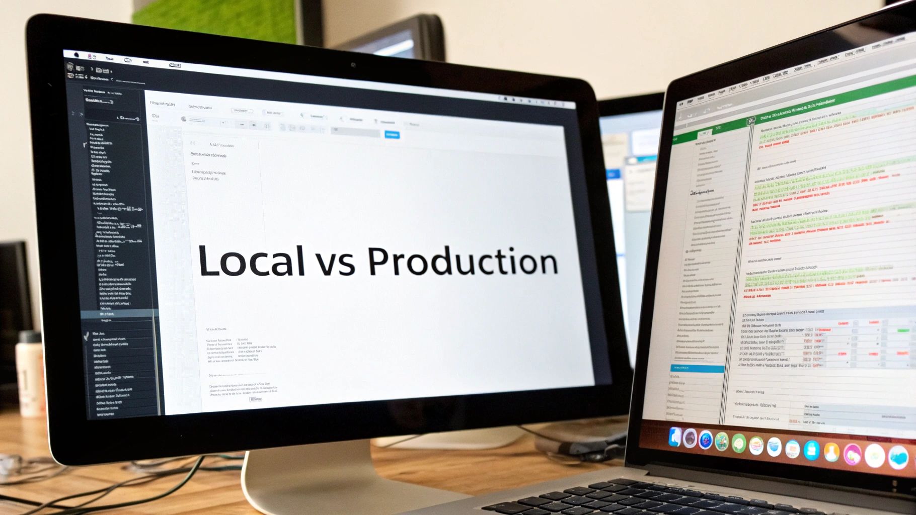 Two computer screens display a 'Local vs Production' presentation alongside a laptop showing code.