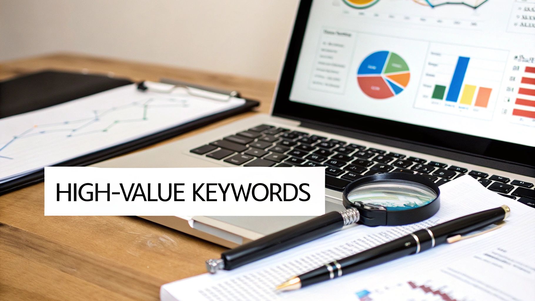Laptop on a desk showing marketing data, with a magnifying glass, clipboard, and text 'HIGH-VALUE KEYWORDS'.