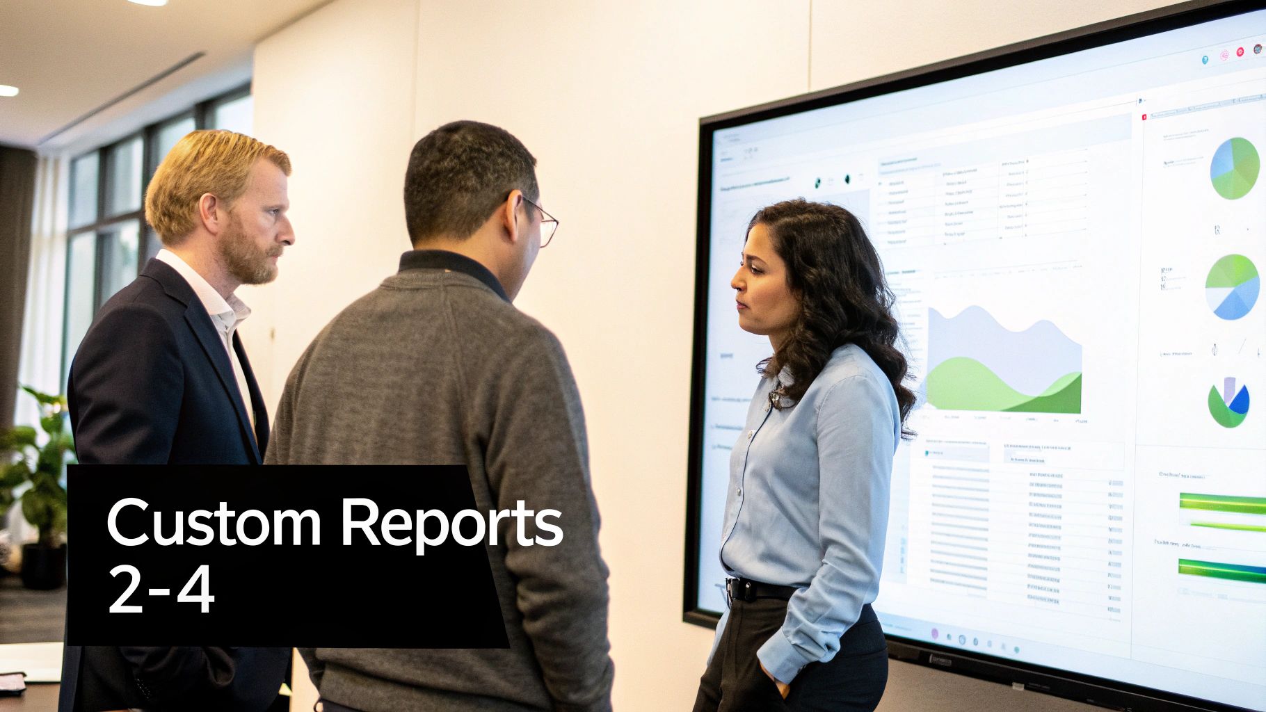 Business professionals reviewing custom data reports and analytics dashboards on large display screen