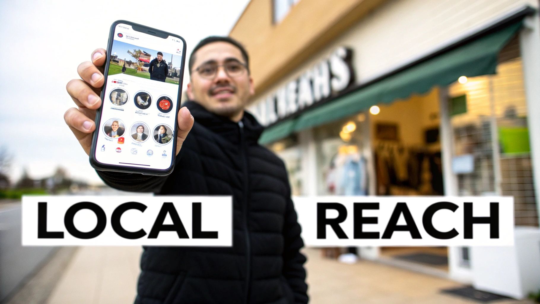 A person holds a smartphone displaying a local marketing app in front of a store, with 'LOCAL REACH' text.