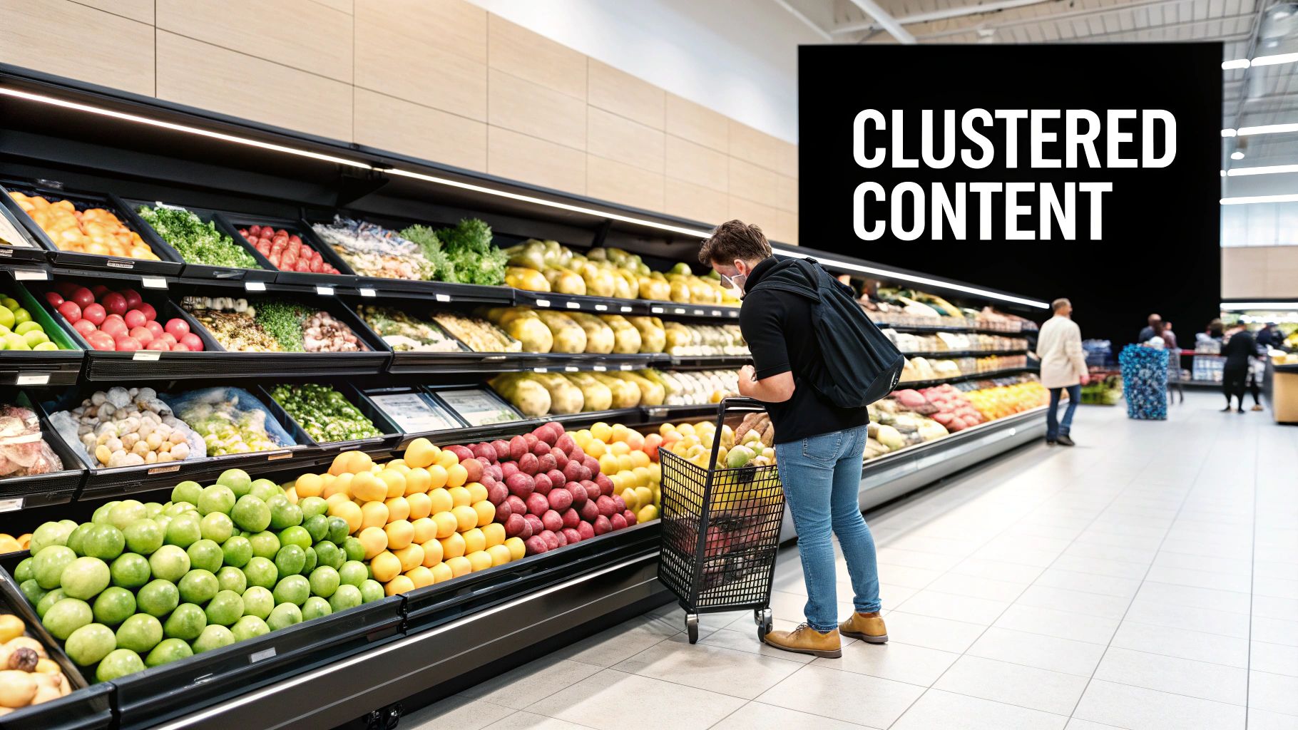 Customer with a shopping cart choosing fresh produce in a brightly lit supermarket aisle.