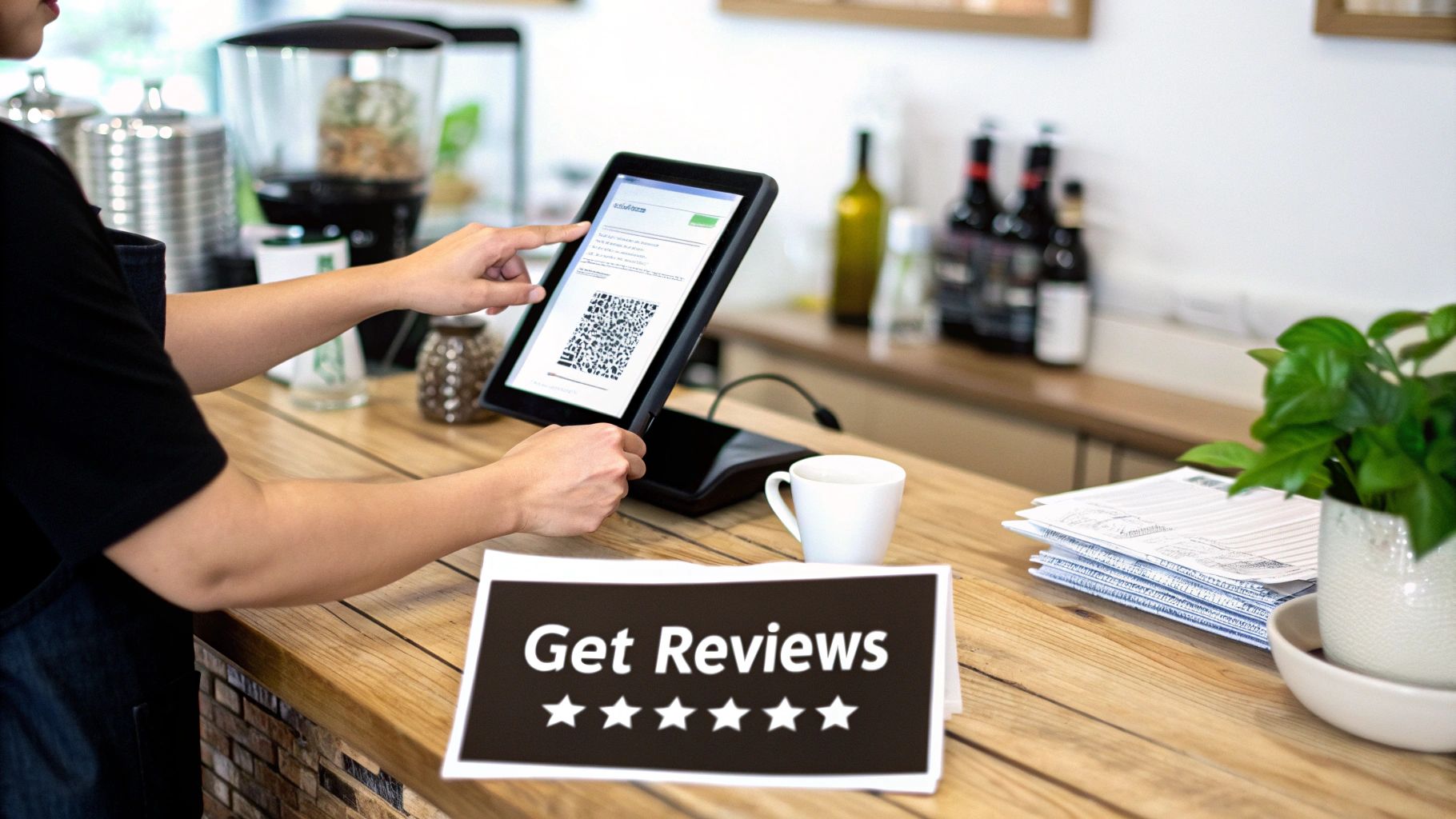 Person using a tablet with QR code for customer reviews at a cafe counter with a 'Get Reviews' sign.
