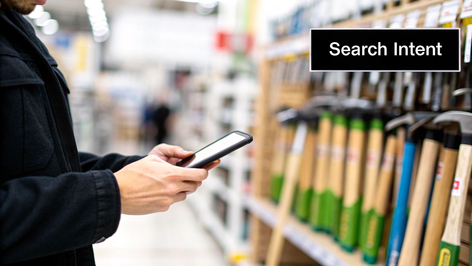 Person using a smartphone in a hardware store aisle, with 'Search Intent' text overlay.