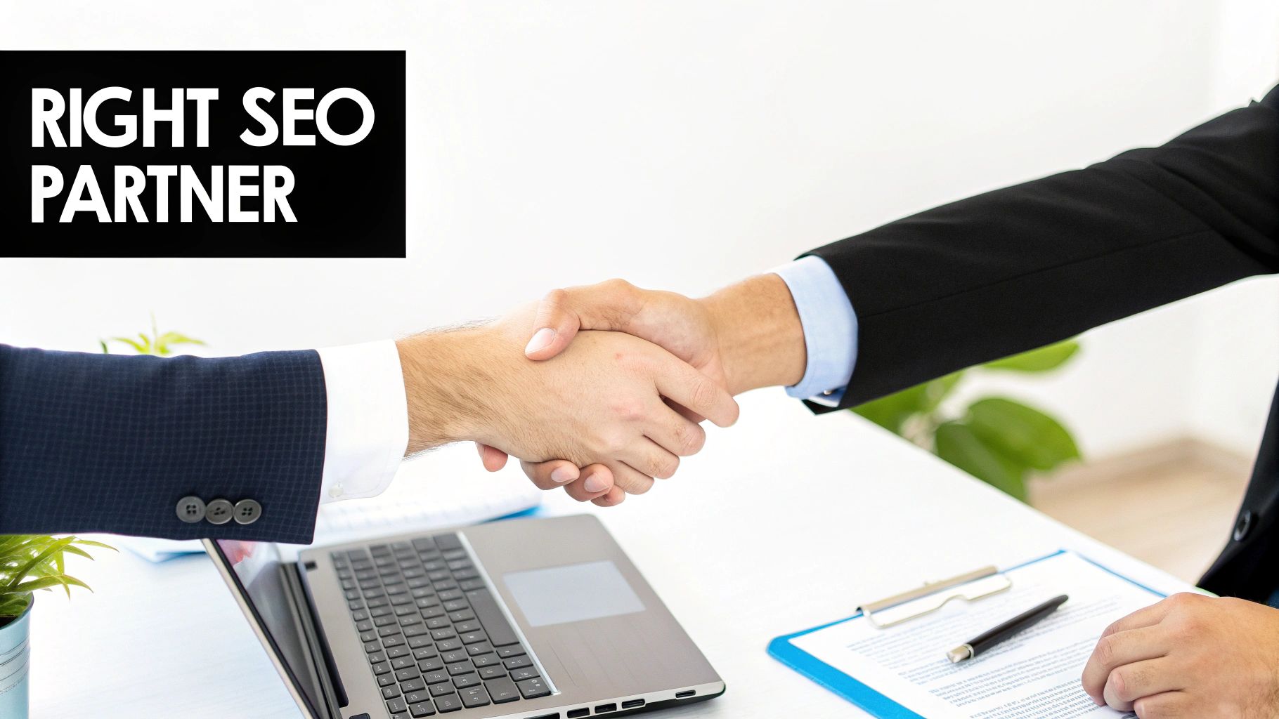 Two business professionals shake hands over a desk with a laptop and documents, symbolizing an SEO partnership.