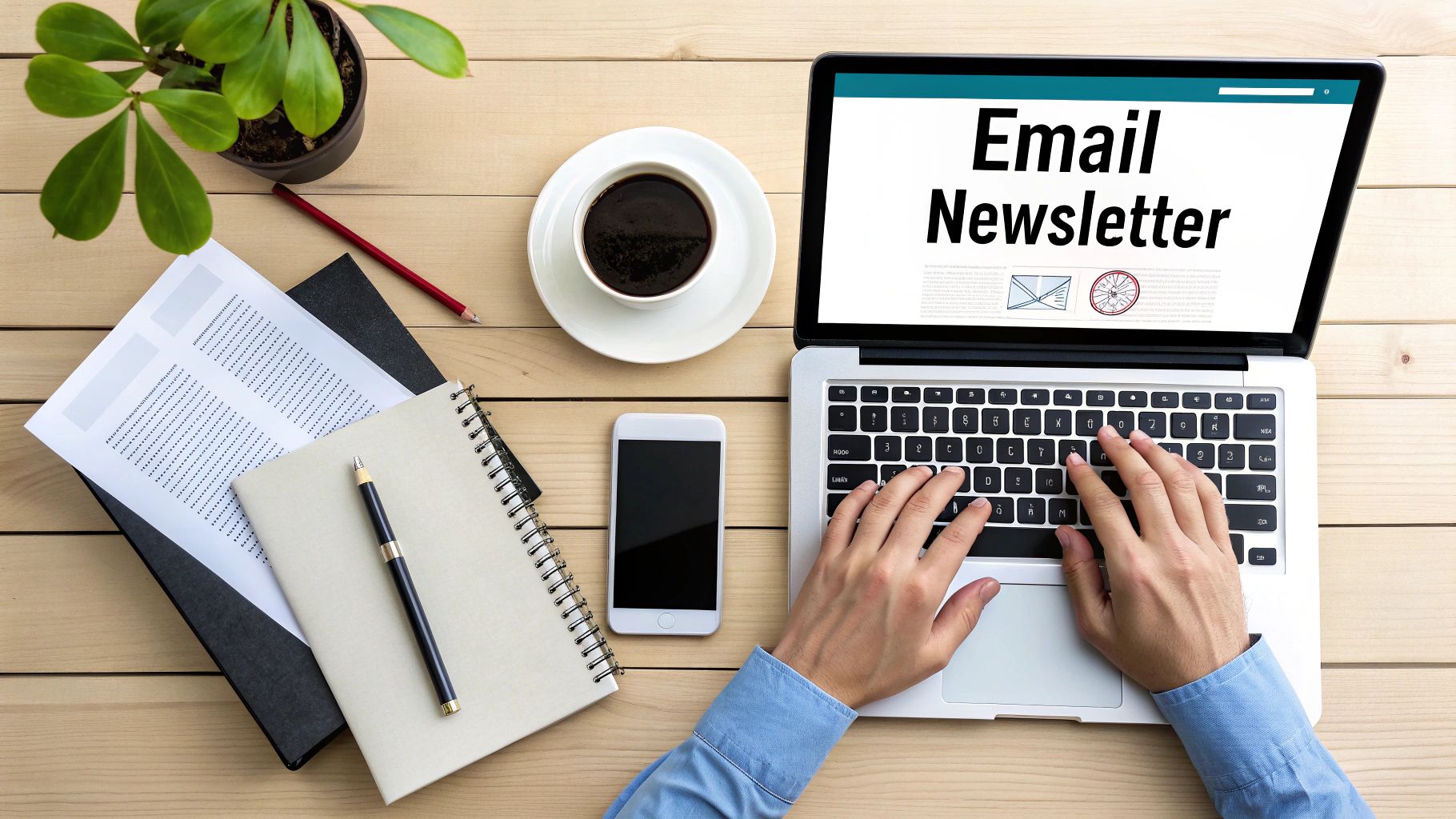 Hands typing on a laptop displaying 'Email Newsletter', surrounded by coffee, phone, and documents.