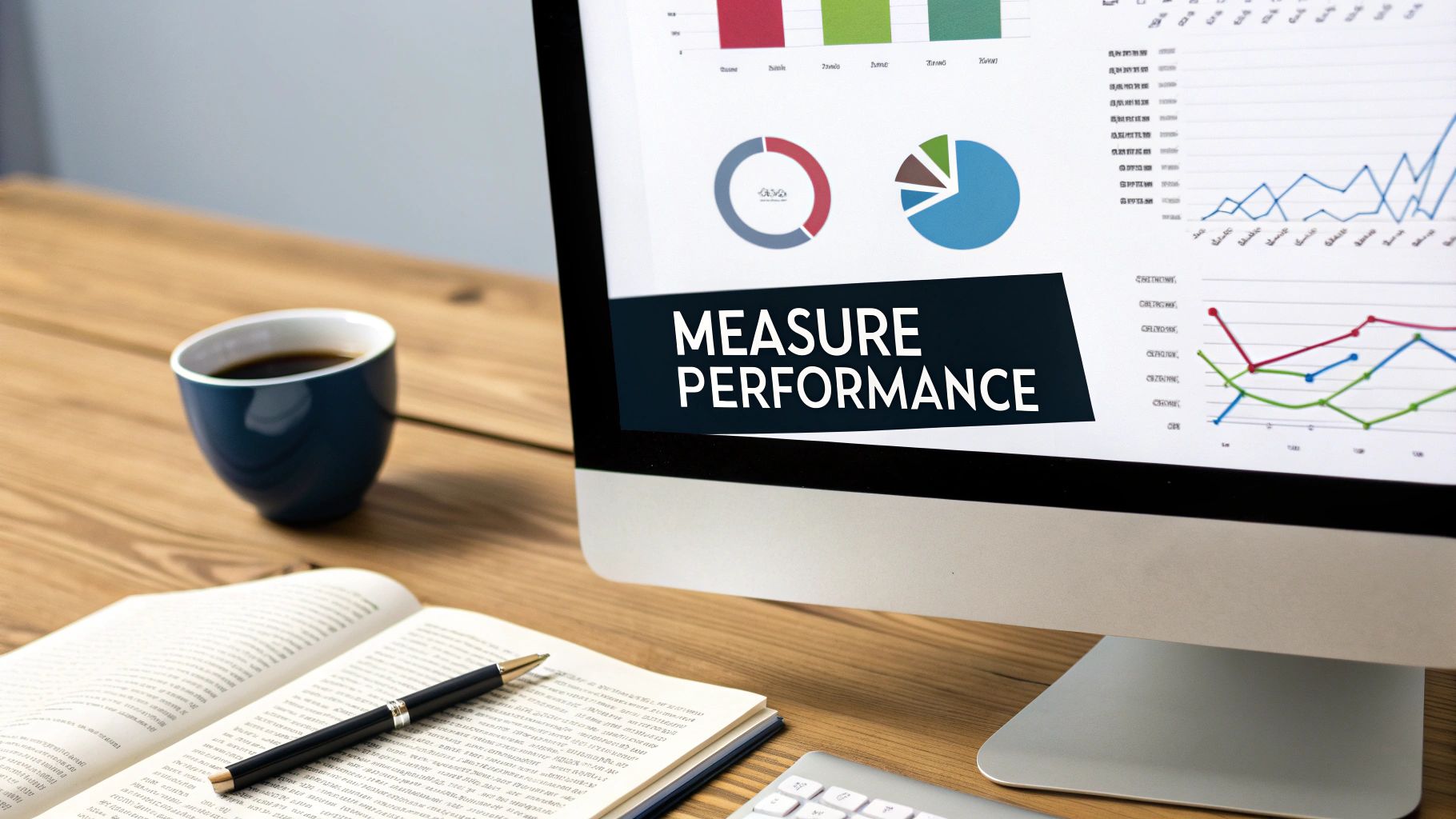 A computer monitor displays performance metrics, charts, and the text 'MEASURE PERFORMANCE' on a wooden desk with coffee and a book.