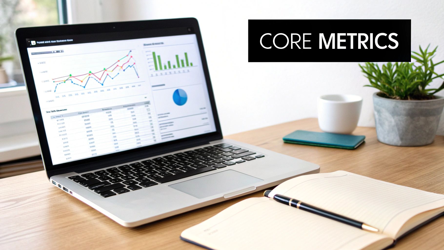 Laptop displaying colorful data analytics dashboard with charts and graphs showing core metrics on screen