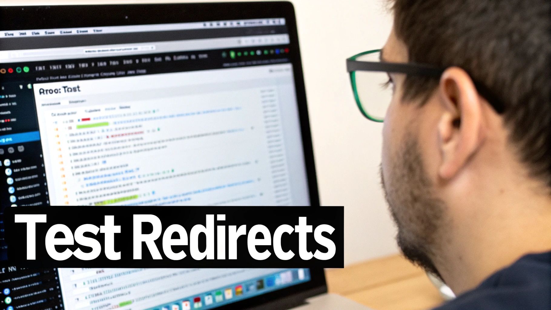 A person from behind, wearing glasses, testing redirects on a laptop screen.