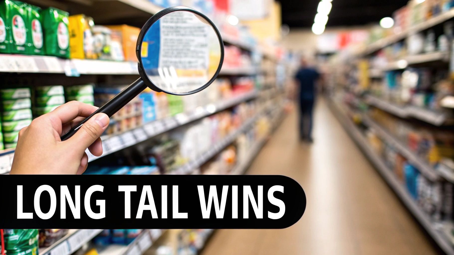 Hand with magnifying glass examining product details in a blurry supermarket aisle, with 'LONG TAIL WINS' text overlay.