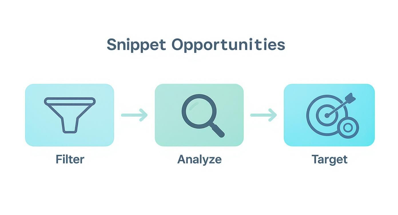 A flowchart showing the three-step process for Snippet Opportunities: Filter, Analyze, Target.