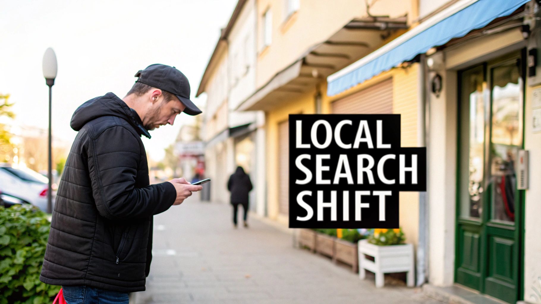 A man in a black jacket and cap looks at his smartphone on a city street, with overlaid text 'LOCAL SEARCH SHIFT'.