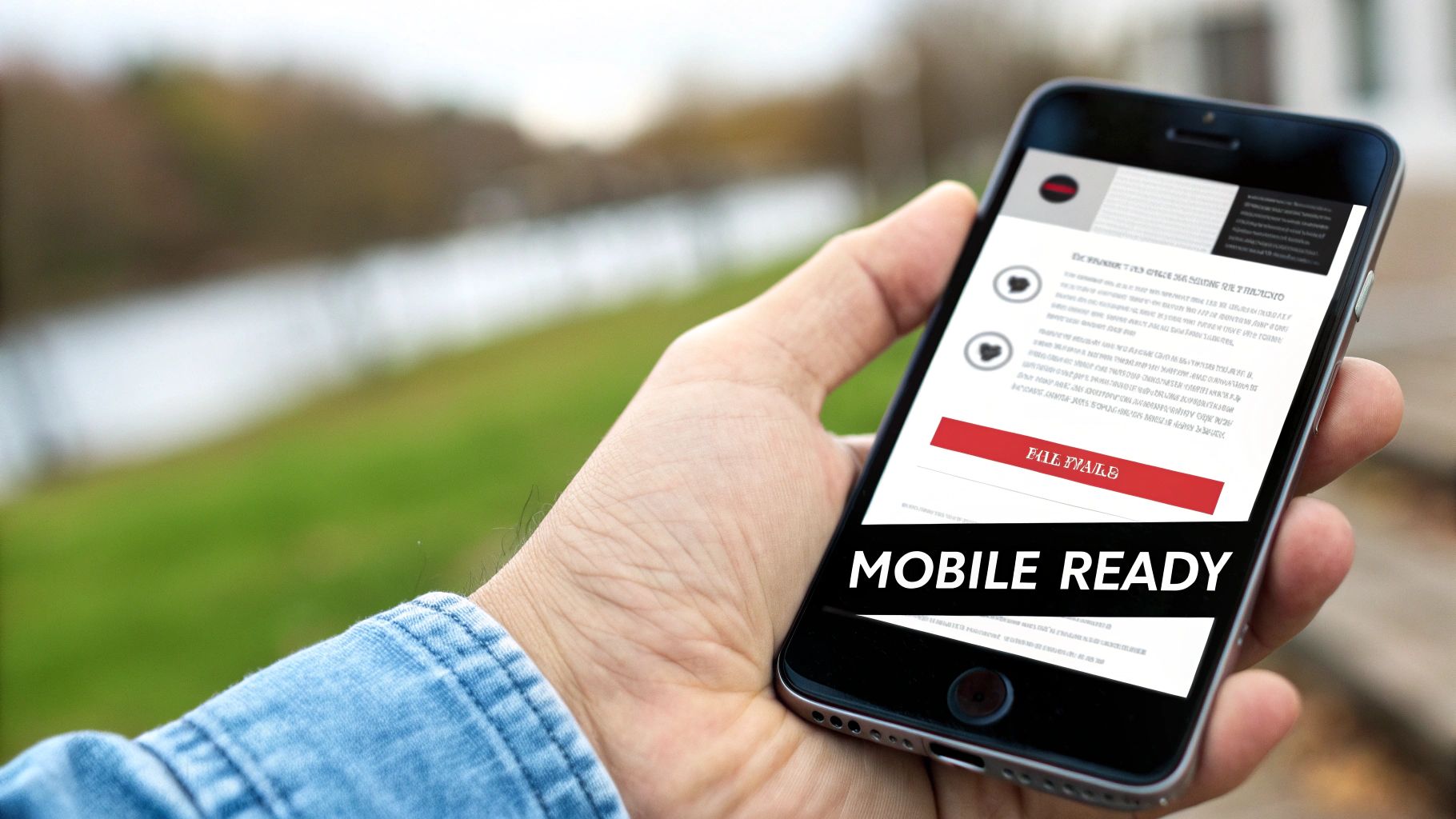 A hand holds a smartphone displaying a webpage with 'MOBILE READY' text on its screen.