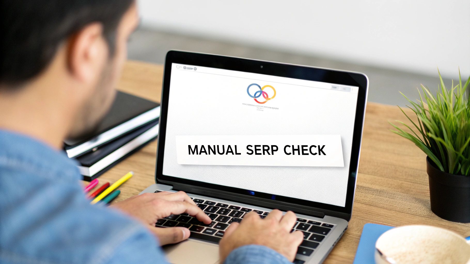 A person types on a laptop showing 'MANUAL SERP CHECK' text on a white screen.