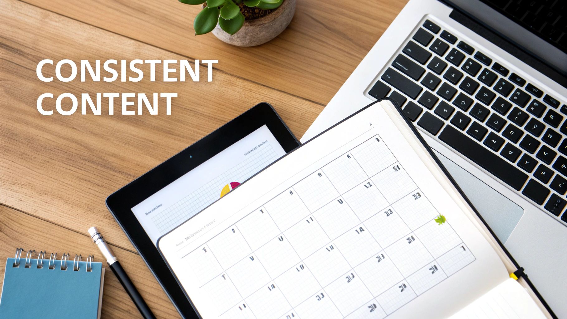 A desk with a laptop, tablet, and open planner with 'CONSISTENT CONTENT' text, showing content planning.