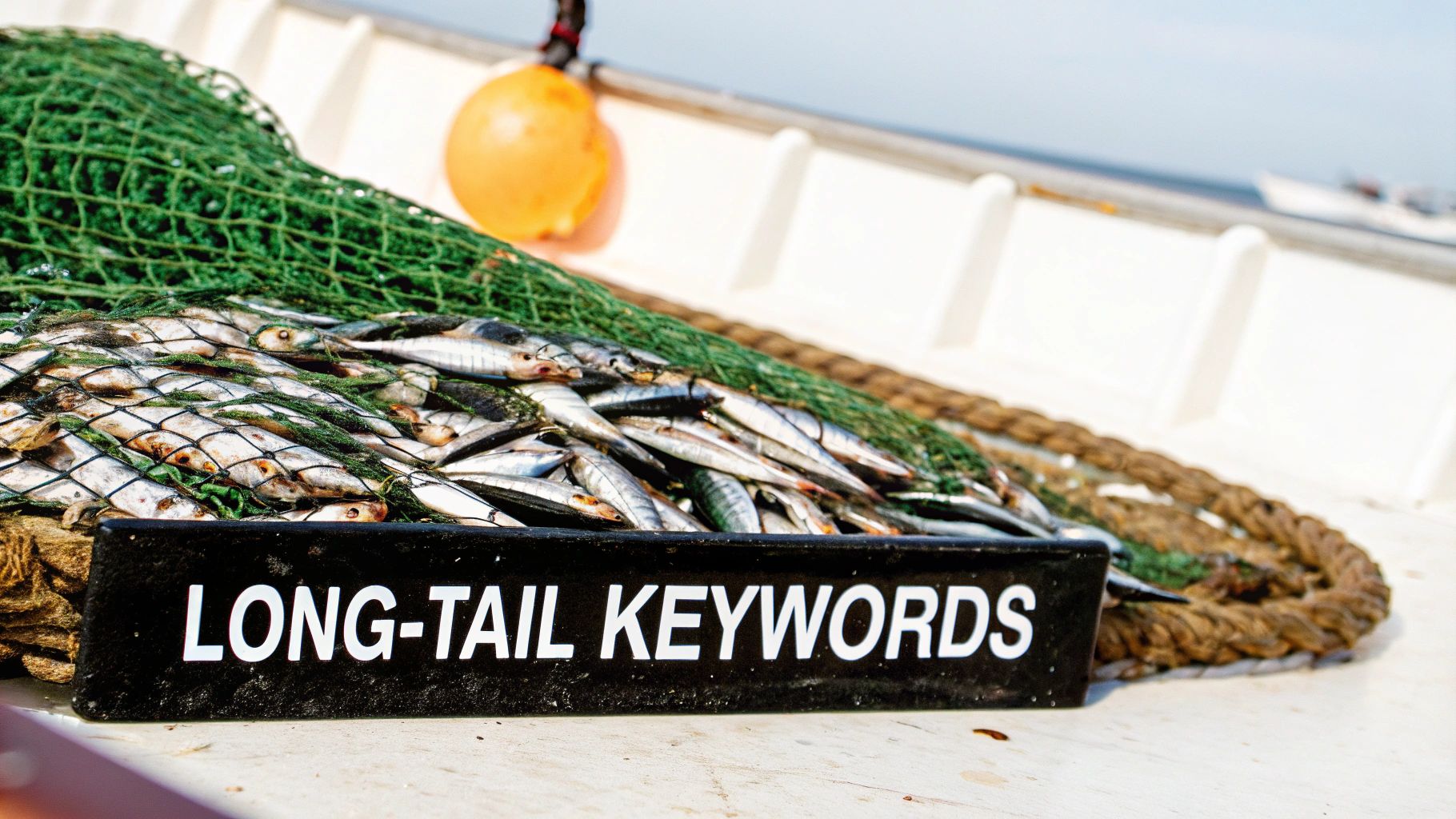 A fishing net filled with small fish on a boat, with a sign reading 'LONG-TAIL KEYWORDS' in the foreground.