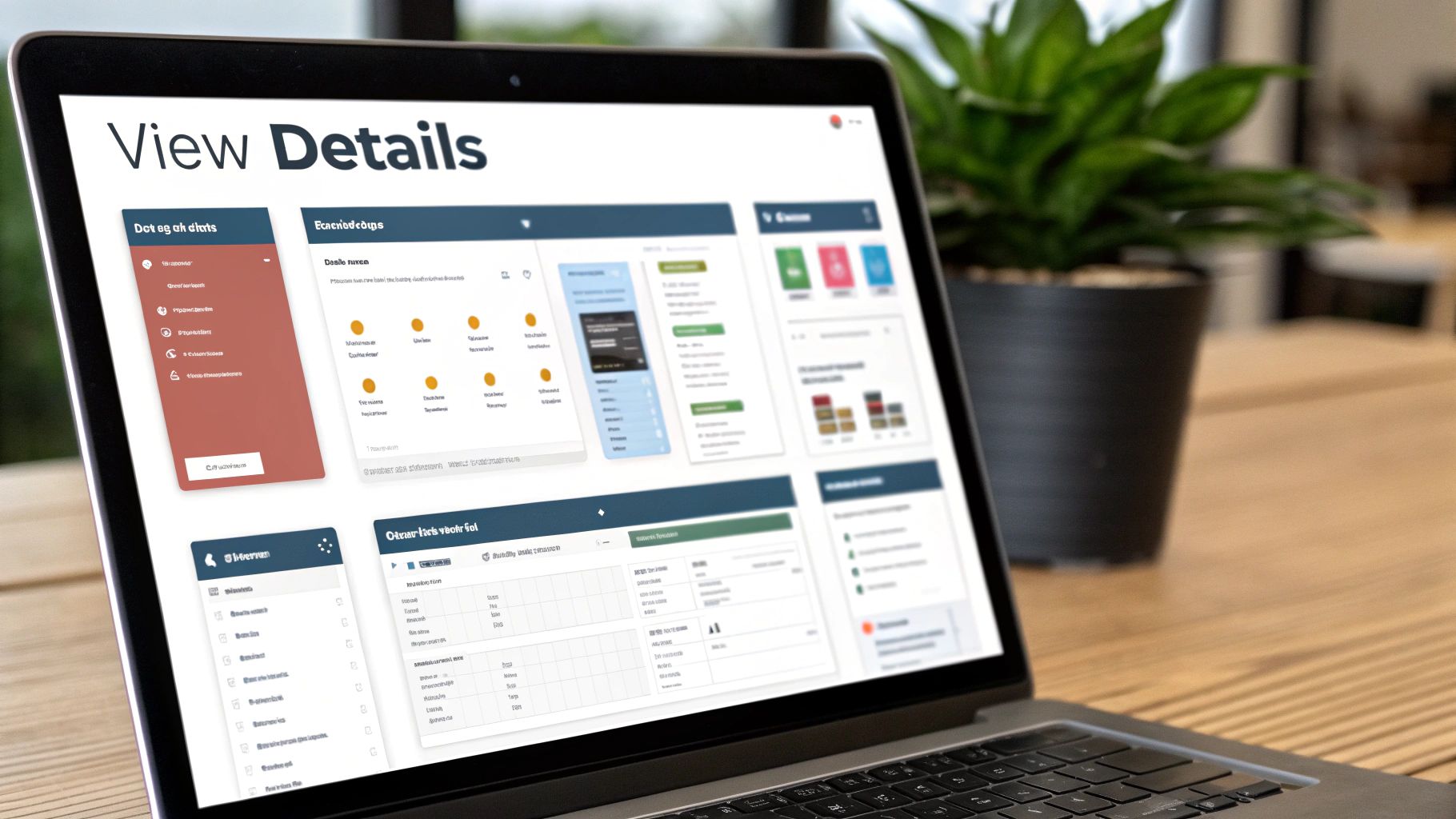 A laptop screen displays a 'View Details' dashboard with various data widgets and charts.