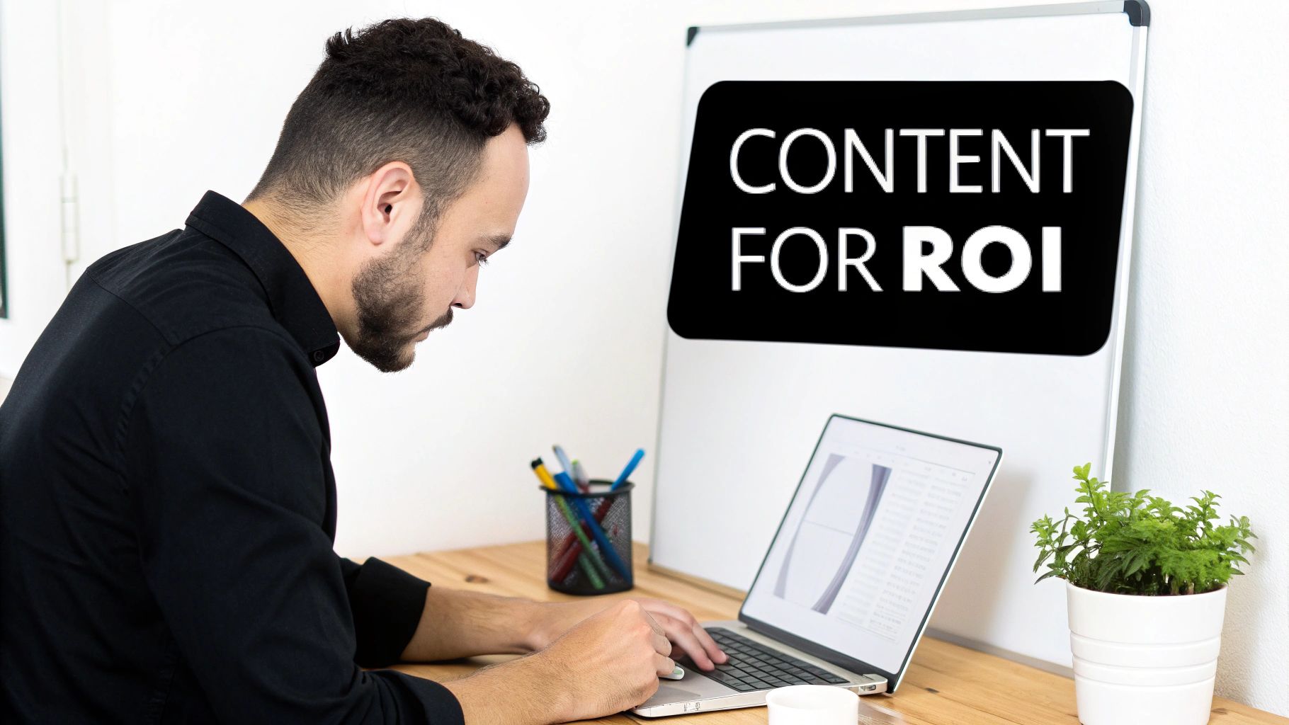 A man in a black shirt typing on a laptop at a wooden desk with a whiteboard displaying "CONTENT FOR ROI" in the background.