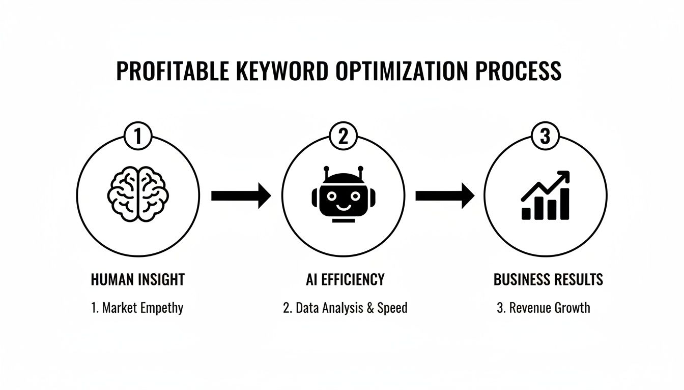 Flowchart showing profitable keyword optimization process: Human Insight, AI Efficiency, and Business Results.